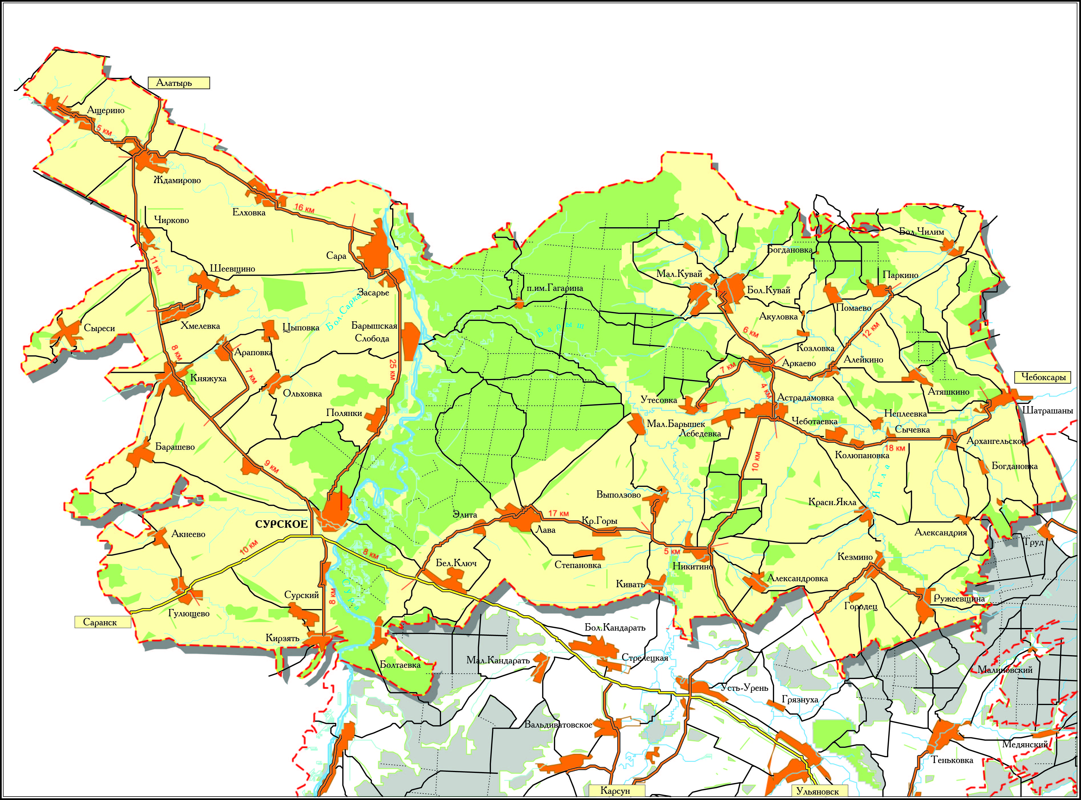 Карта сурского района ульяновской области подробная с деревнями